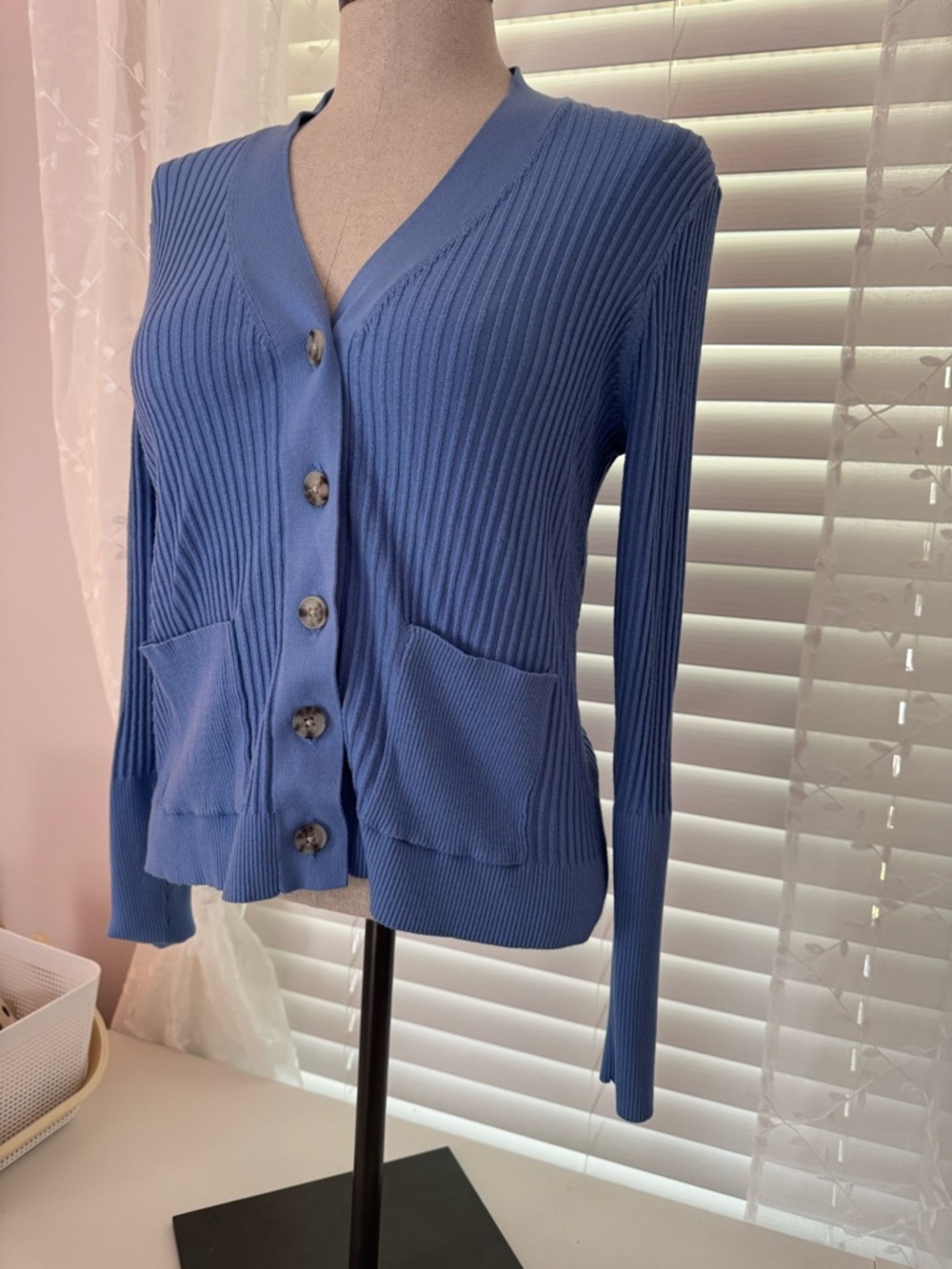 LOFT Dusty Blue Ribbed Button-Front Cardigan - Picture 2 of 4